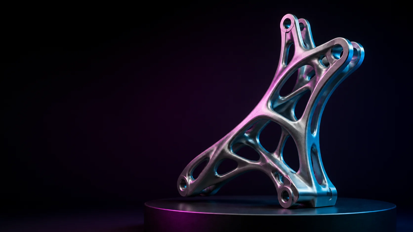Fictional generatively designed metal bracket under magenta and cyan light